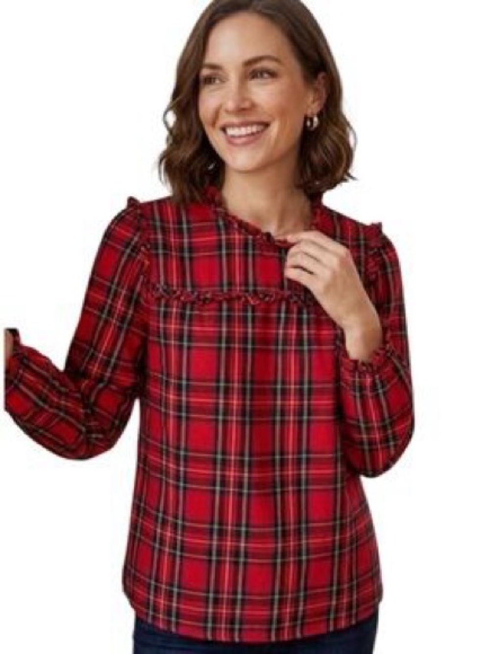 J Crew Tartan Plaid Ruffle Neck Blouse